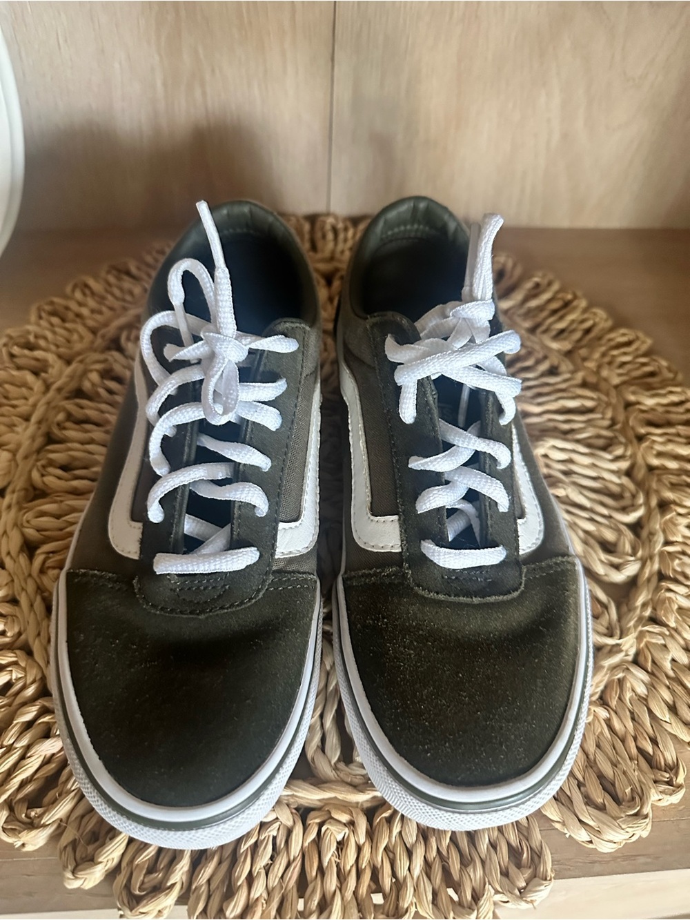Vans Womens Olive Green Skate Sneakers with White Accent